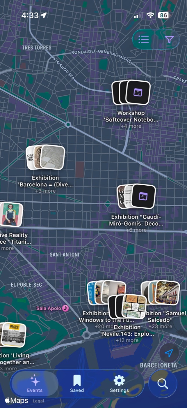 Events shown across Barcelona on the map